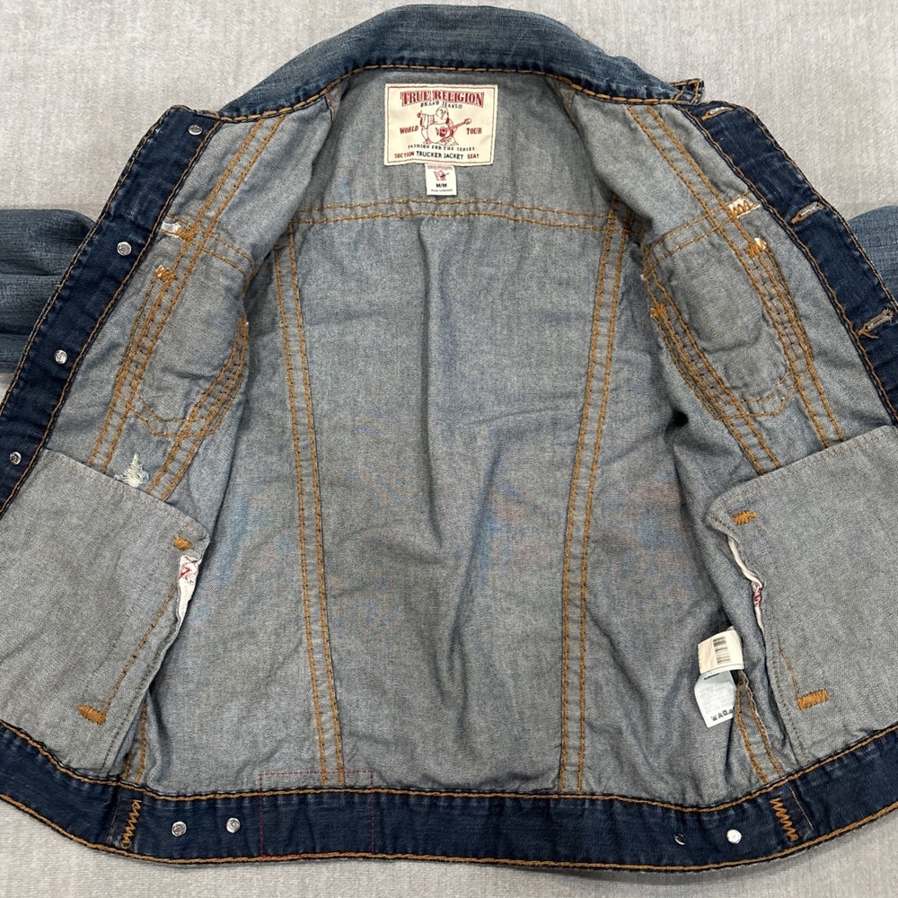 True Religion Blue Denim Trucker Jacket Size M Thick Stitching Res Super T VTG - Picture 8 of 14